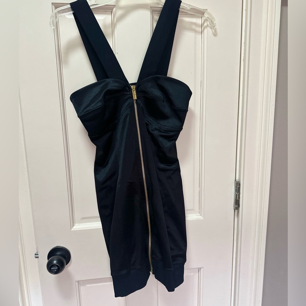Bebe sport Black Mini Dress with Thick Straps and Gold Zipper Sz Small